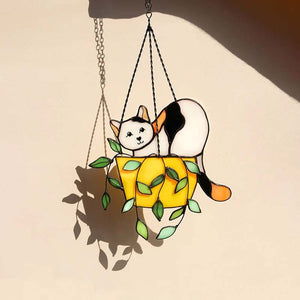 Katt i blomsterpotte Suncatcher Glassmalerier Vindusoppheng