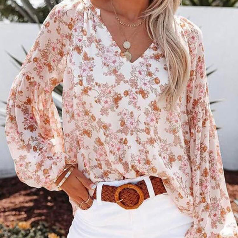 Boho Blomstertrykk V-hals Langermet Løse Bluse