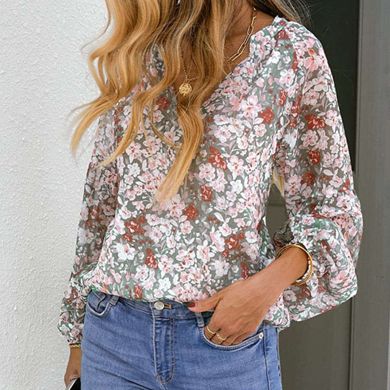 Boho Blomstertrykk V-hals Langermet Løse Bluse