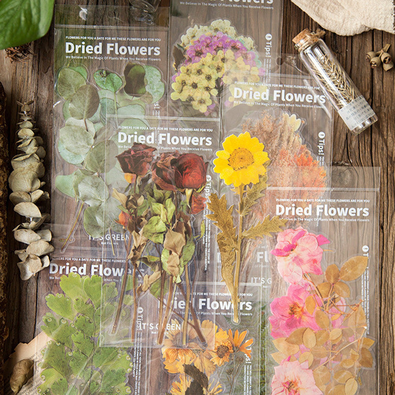 Klistremerkesett med tørkede blomster