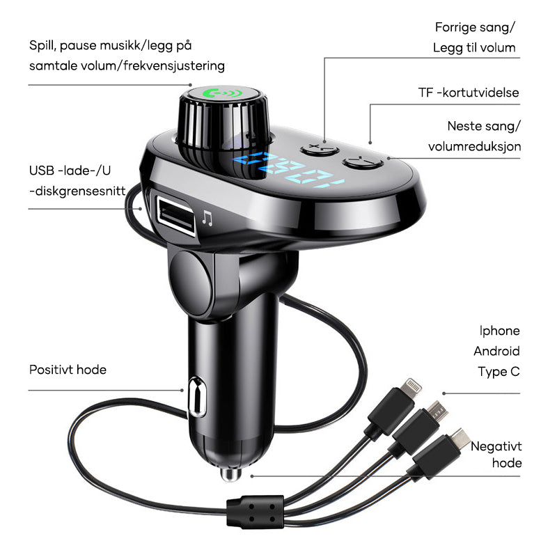 7 i 1 Lader og FM-sender til Bilen