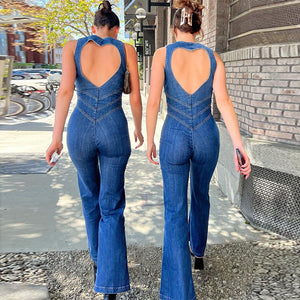 Ryggløs jumpsuit i denim med hjerteutskjæring for kvinner