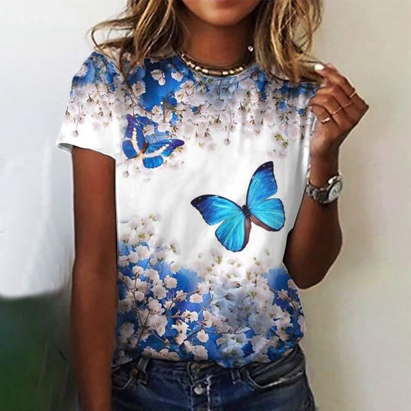 Rund hals basic t-skjorte med blomster og butterfly