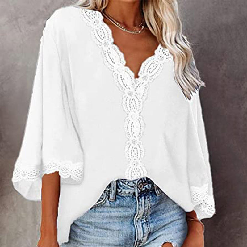 Blonde Bluse med V-hals og Utsvingt Ermer